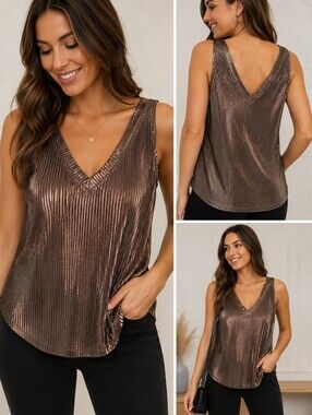 Another Love Metallic Bronze Pleated V-Neck Ribbed Tank Top Size XS